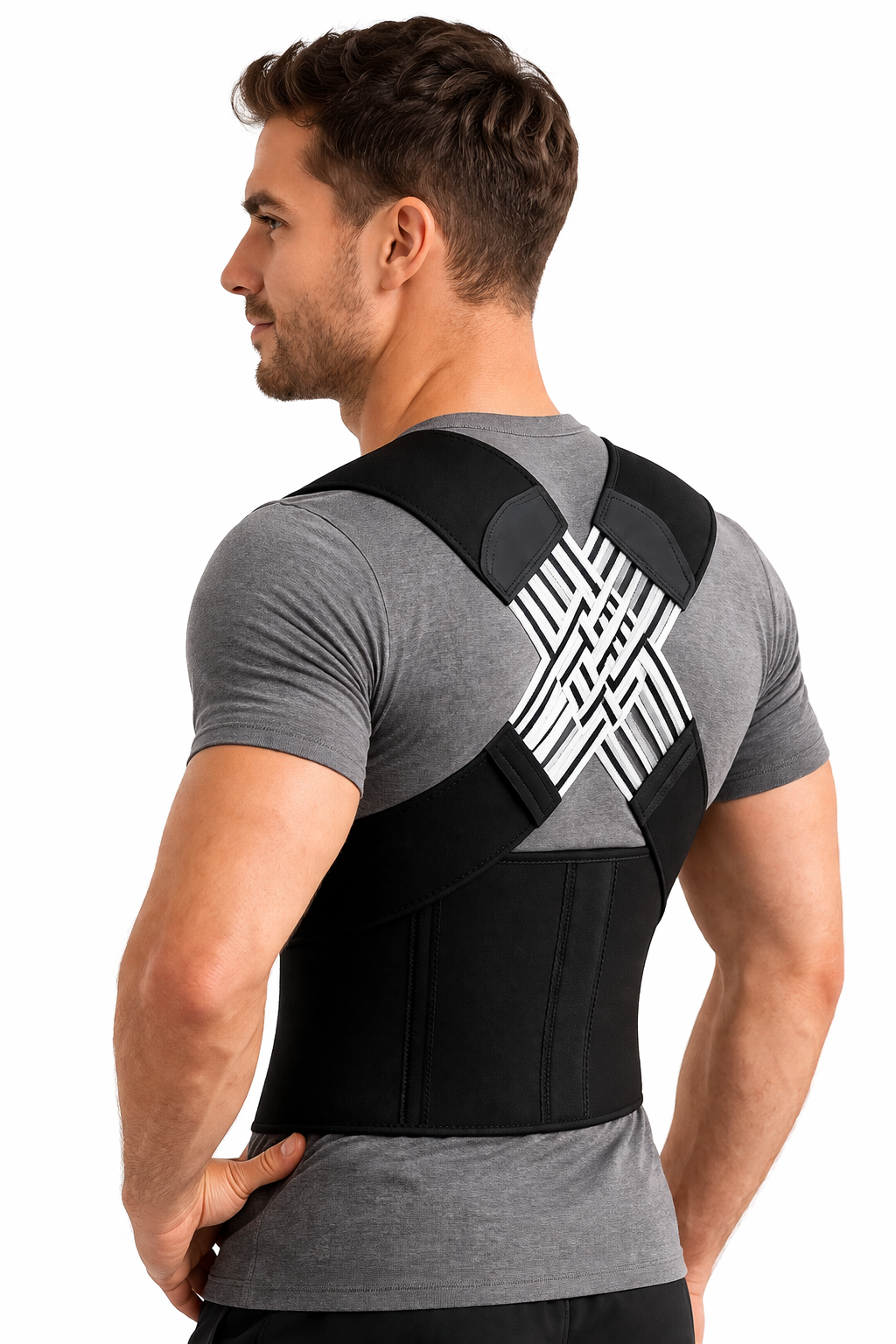 Vue de dos du correcteur de posture Verteo porté par un homme sur fond blanc