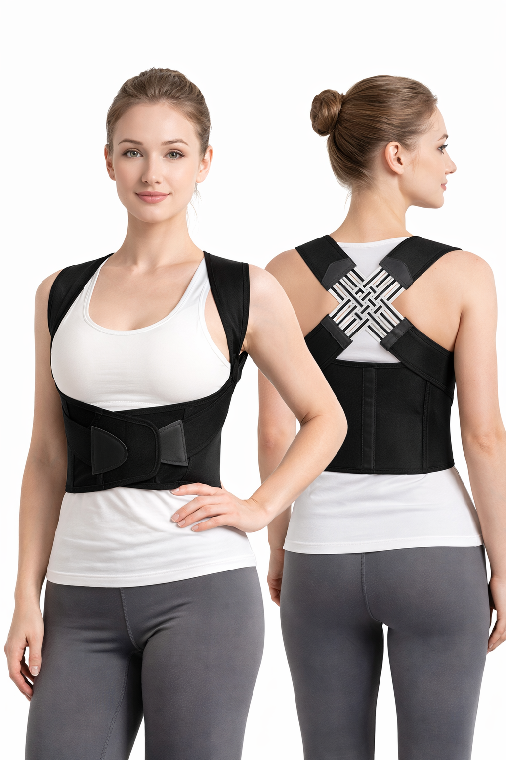 Femme portant le correcteur de posture Verteo de face et de dos sur fond blanc